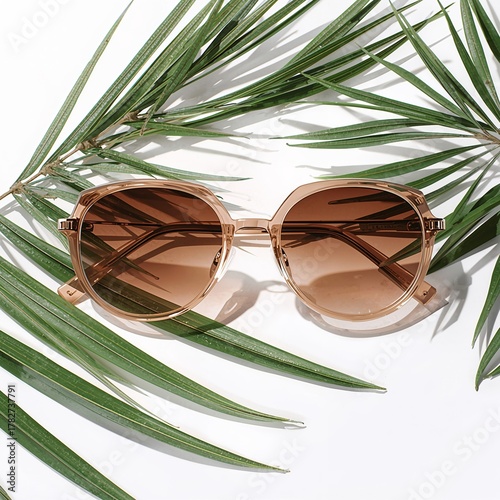 Sunglasses Placed on Green Palm Leaves Against a Bright Background for a Styl...