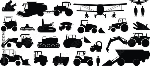 Silhouettes of Vehicles, Machinery, and People – Vector Set of Tractors, Trucks, Aircraft, and Workers for Agriculture, Construction, and Transport Design