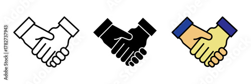A modern flat-style business partner handshake icon in colored, filled, and stroke design. Represents partnership, collaboration, business agreement, and teamwork.
