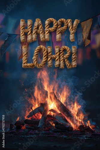 Lohri Celebration With Bonfire and Colorful Flags at Night