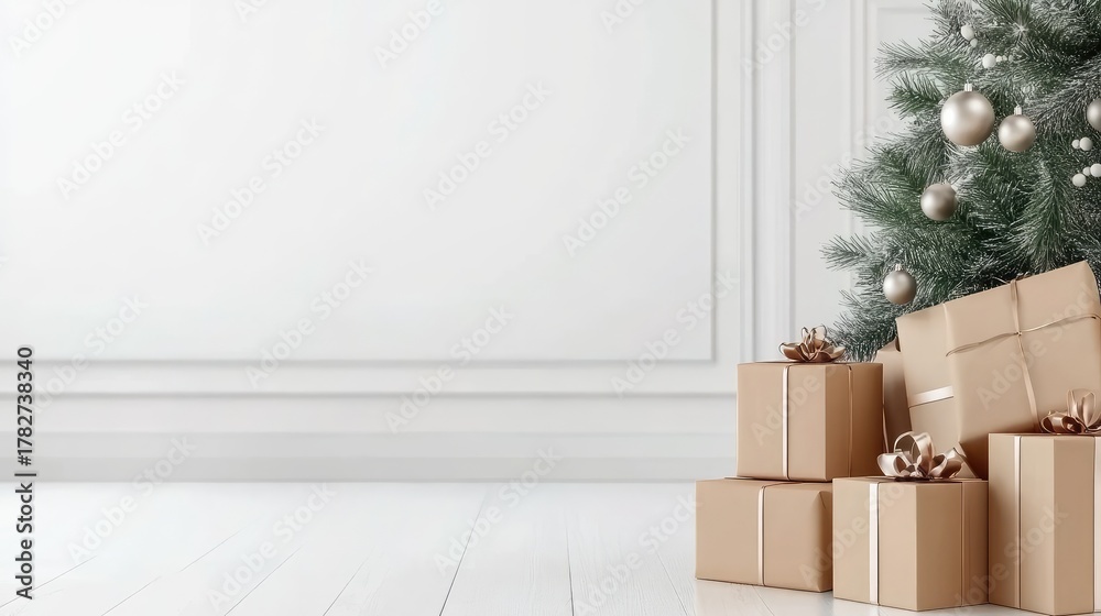 Fototapeta premium Wrapped gifts create a warm festive atmosphere in a lovely living room decorated for Christmas with a glowing fire and tree