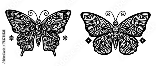 Two intricately designed butterflies, showcasing unique patterns and symmetrical beauty in black and white