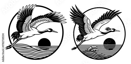 Graceful cranes soar above the tranquil sea, their wings carrying them towards the horizon, a symbol of freedom and peace