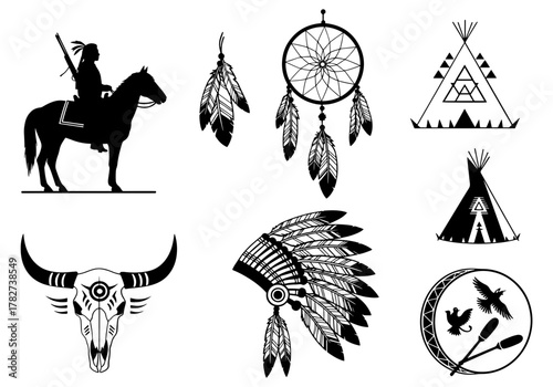 Collection of native american symbols, including dreamcatcher, headdress, tipi, and indian on horseback