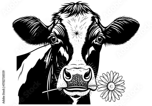 A charming black and white cow portrait with a daisy in its mouth, , showcasing a whimsical farm animal