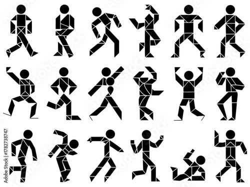 Stick figure people in various poses, walking, running, dancing and jumping vector illustration