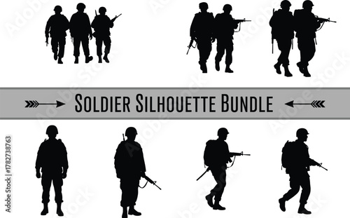 Soldier silhouette bundle illustration set with military men, army poses, black vector design, war concept, walking soldiers, combat gear, battlefield theme