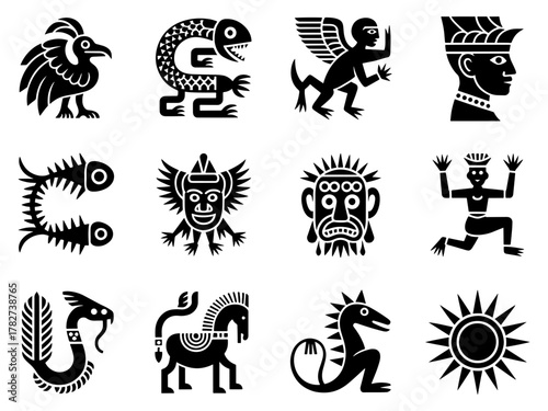 Set of ancient maya symbols and signs, vector illustration of mayan culture elements