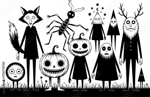 Spooky creatures gather in the dark forest for a halloween night celebration, a whimsical and eerie scene