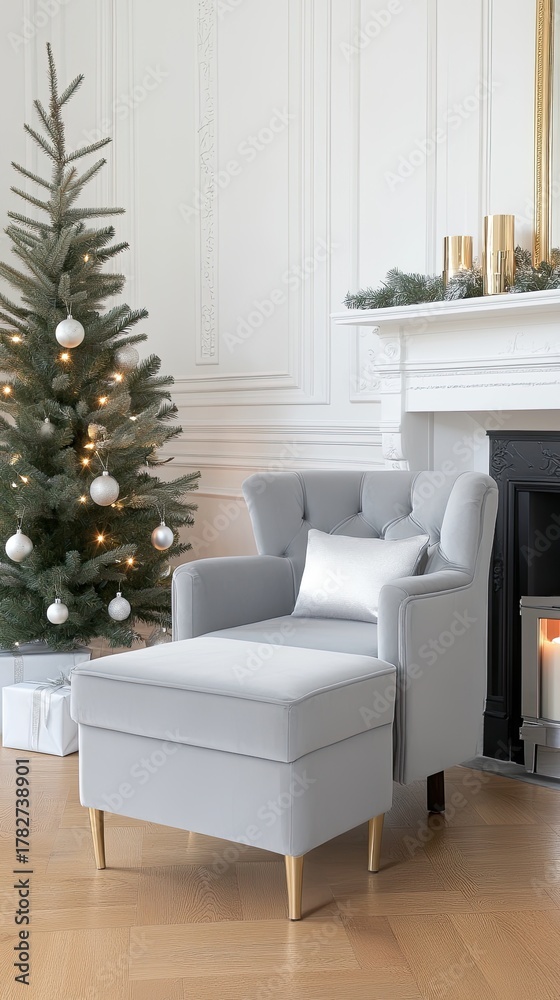 Fototapeta premium Warm living room features a fireplace, decorated Christmas tree, and an inviting armchair, creating a festive holiday atmosphere
