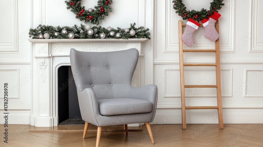 Naklejka premium This living room features a white interior, a warm fireplace, and festive Christmas stockings hanging above garlands