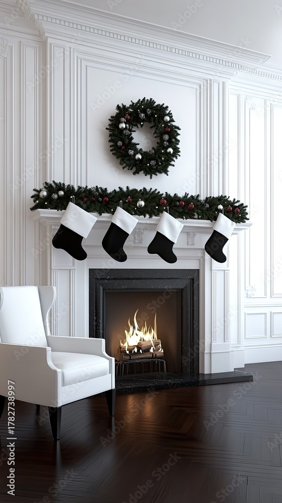 Naklejka premium This living room features a white interior, a warm fireplace, and festive Christmas stockings hanging above garlands