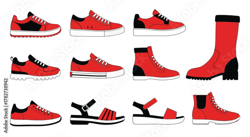 Collection of red and black footwear styles in a flat design illustration
