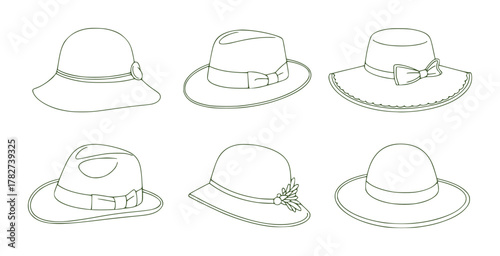Collection of Six Vintage Style Hats in Outline