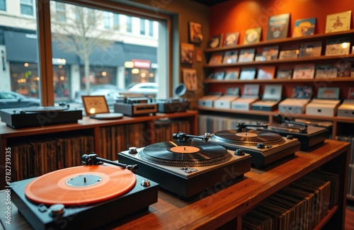Wallpaper Mural Modern music store interior displays several turntables, various vinyl records for sale. Wooden shelves hold large collection of LPs, classic, new music albums, gear. Customers browse analog audio Torontodigital.ca