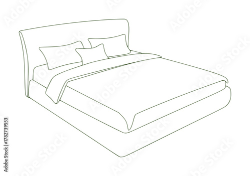 Minimalist Line Art of a Double Bed with Pillows and Duvet