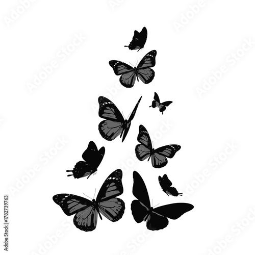 A collection of dark butterfly silhouettes arranged in a cascading pattern silhouette