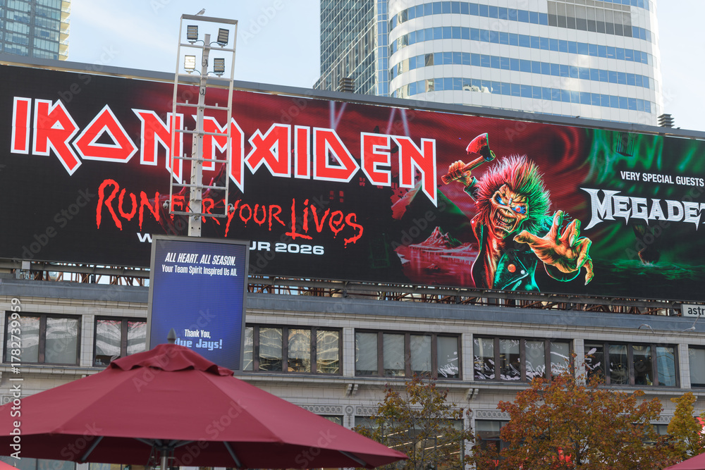 Obraz premium electronic sign featuring concert promotion for Iron Maiden and Megadeath, Sankofa Square, Toronto