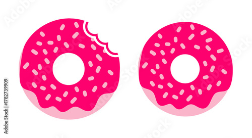Two pink donuts one with a bite taken out of it