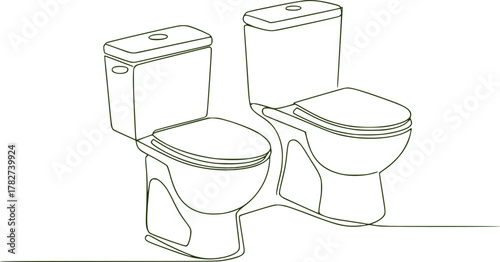 Two Toilets Illustrated with a Single Continuous Line in Green Outline