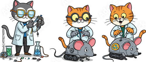 Cute scientist cats building robot mice, funny cartoon animals in lab coats experimenting with robotics, creative science illustration concept