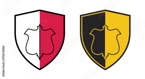Two heraldic shields with contrasting color schemes and central motifs