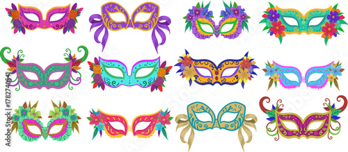 vector set masquerade masks hand drawn colorful mardi gras carnival flowers ribbons isolated background festive party decoration elements