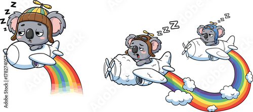 Cute sleepy koala flying airplane over rainbow, adorable cartoon animal dreaming in sky, funny aviation illustration, bedtime fantasy art