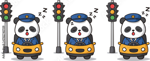 Cute sleepy panda police driving car at red traffic light, funny cartoon officer character adorable vector illustration