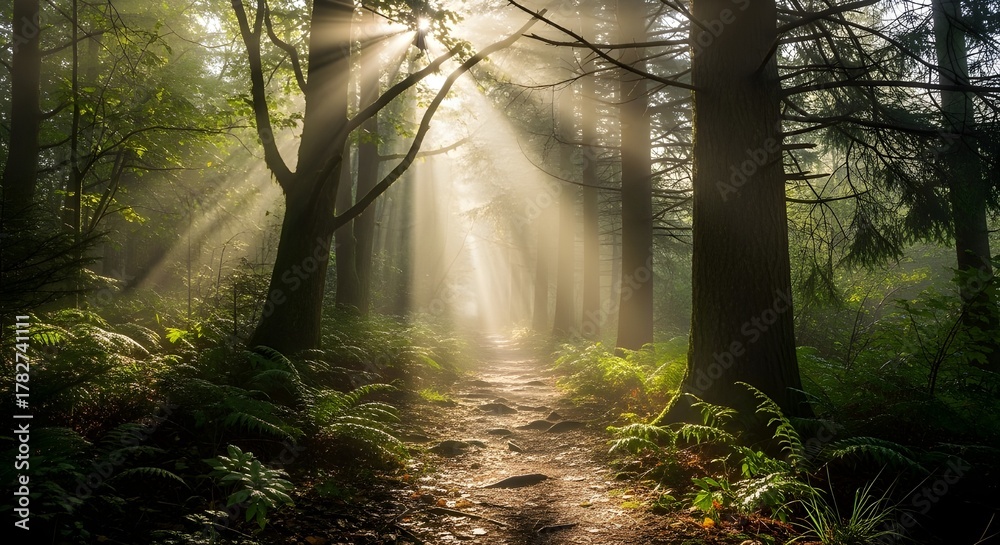 Obraz premium Sunlight streams through the trees in a misty forest, illuminating a path in the woods
