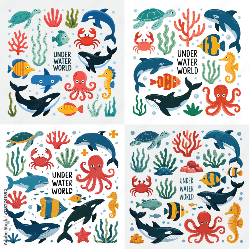 Obraz premium Seamless vector pattern set with cute cartoon fish, sea animals, and summer icons