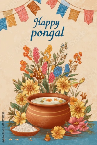 Celebrate Pongal With Traditional Pot Filled With Sweet Rice and Colorful Flo...