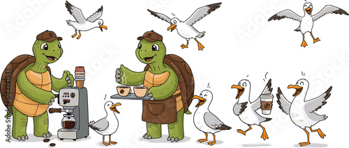 Cute turtle barista making coffee for happy seagulls, funny animal café scene, adorable cartoon coffee shop illustration