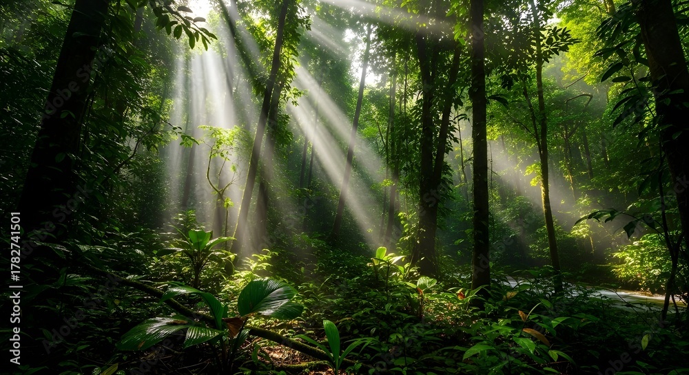 Obraz premium Sunlight streams through the lush green canopy of a tropical rainforest, creating a serene scene