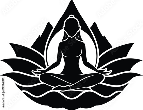 Meditating Woman On Lotus Flower Hill Silhouette | Serene Yoga Scene Art