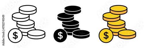 A modern flat-style dollar coin stack icon in colored, filled, and stroke design. Represents money, finance, savings, investment, and business profit.
