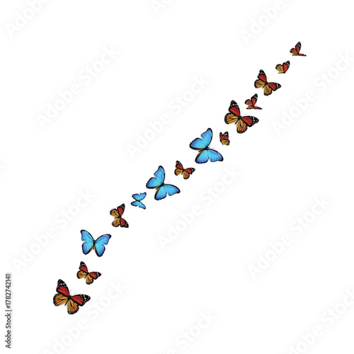 A flowing stream of colorful butterfly silhouettes in flight silhouette