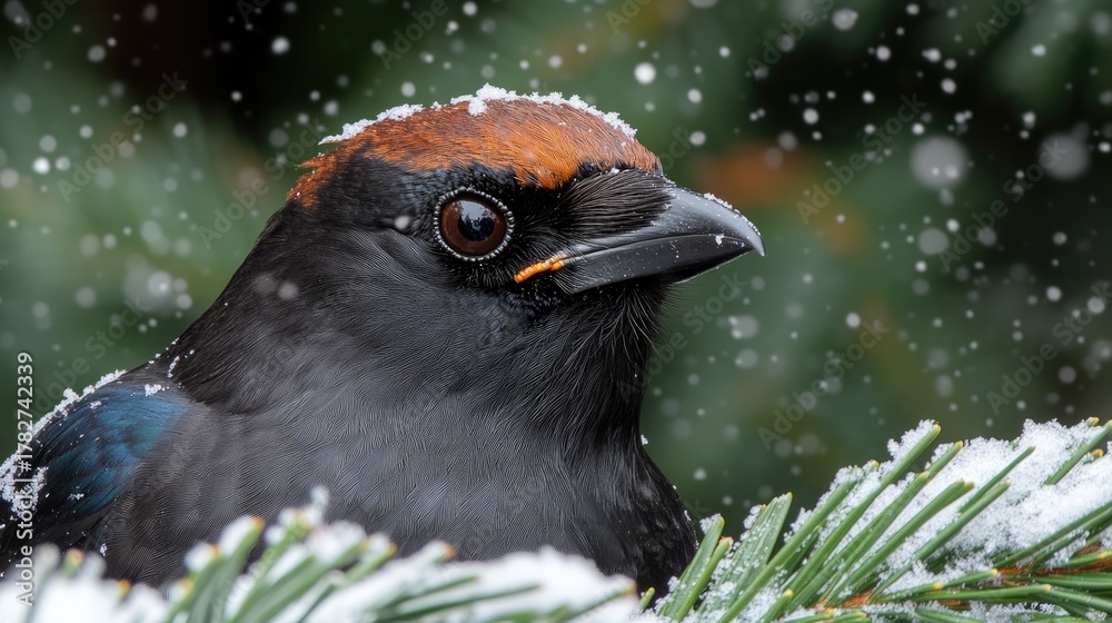 Fototapeta premium A raven stands in profile against a blurred background of falling snowflakes and warm bokeh lights, creating an enchanting winter atmosphere
