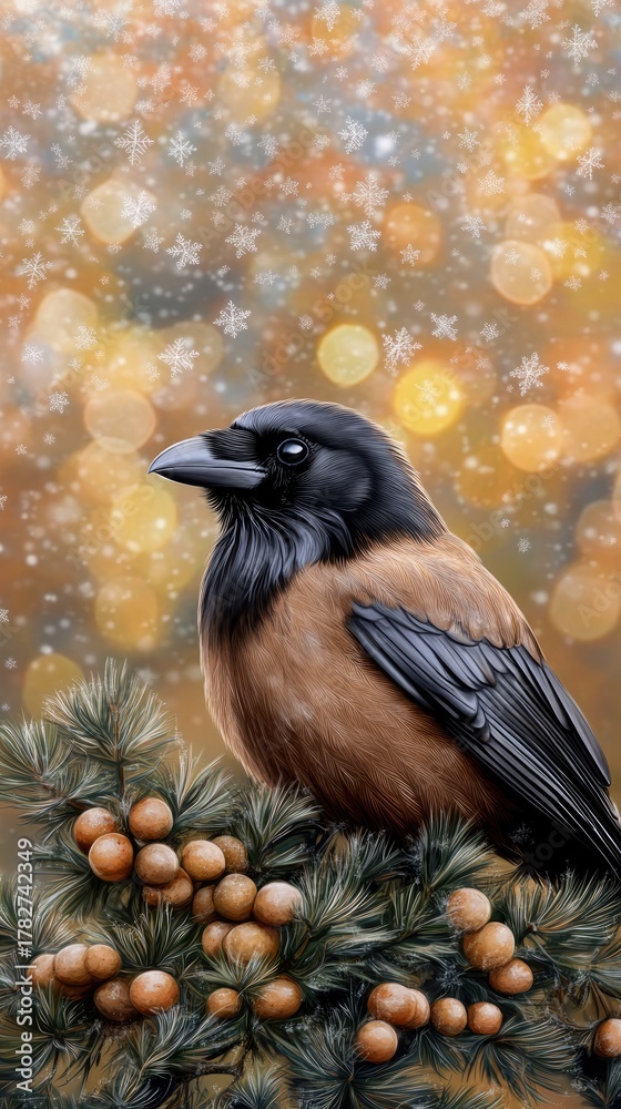 Fototapeta premium A raven stands in profile against a blurred background of falling snowflakes and warm bokeh lights, creating an enchanting winter atmosphere