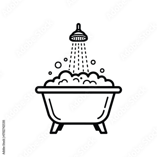 Line art illustration of a bathtub with a shower and bubbles