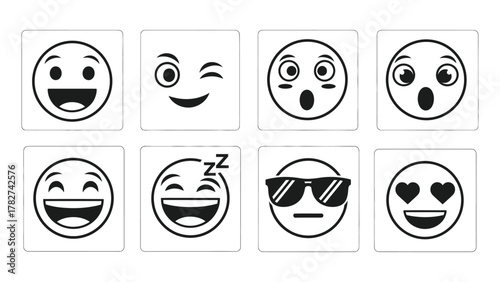Collection of black and white emoticon faces expressing diverse feelings for digital communication