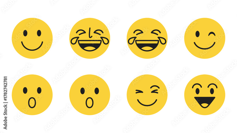 Fototapeta premium Collection of Yellow Emoticons Expressing Various Emotions Happy Laughing Surprised Winking and Joyful