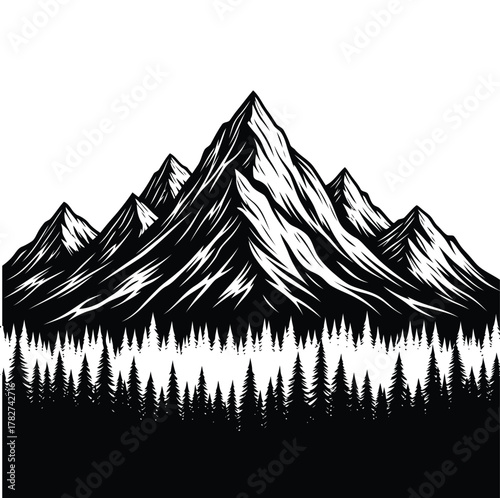 Black and white illustration of jagged mountain peaks above a dense pine forest