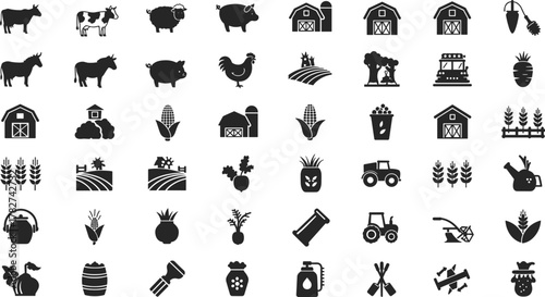 Farm and agriculture icons collection, farming tools, animals, crops, tractor, barn, and organic food production symbol set