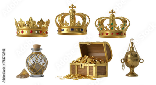 3D Render of Gold, Frankincense, and Myrrh with Three Crowns. A concept of the gifts of the Magi for Epiphany.