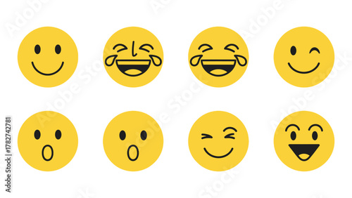Collection of Yellow Emoticons Expressing Various Emotions Happy Laughing Surprised Winking and Joyful