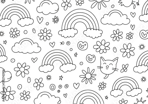 Rainbow cloud flower doodle seamless pattern background