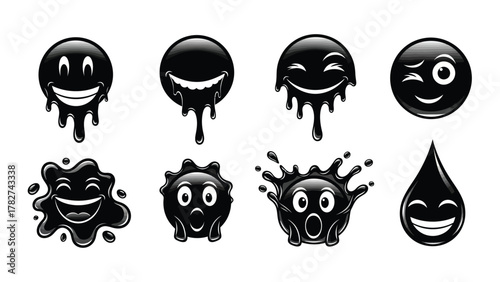 Black Oil Smilies with Dripping Effect and Different Expressions Representing Cartoon Character Faces
