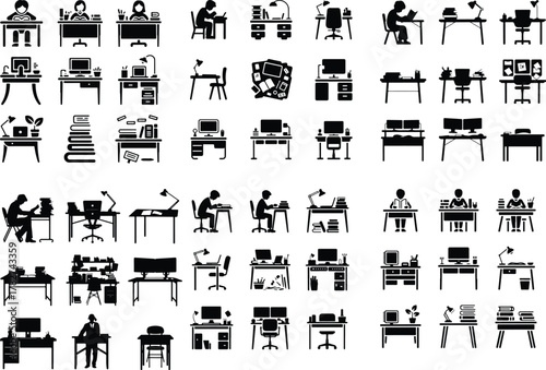 Study Desk Setups Icon Set – Modern Workspace Silhouette Collection Student Desk and Study Table Icons – Creative Workspace Vector Set