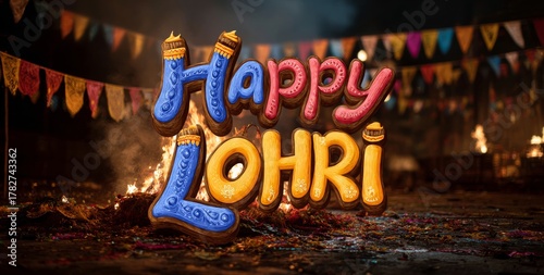 Celebrating Lohri by a Large Bonfire With Colorful Banners and Festive Lights...